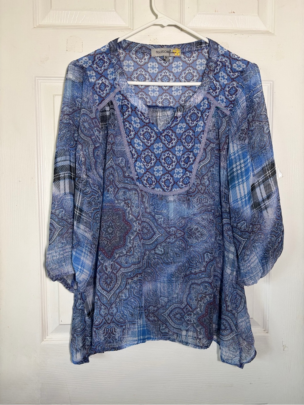 Figueroa Flowers Blue Paisley Print Lightweight Women's Sheer Blouse Sz M